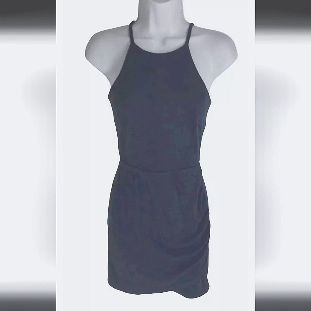 Aqua Navy Sleeveless Halter Neck Mini Bodycon Faux Suede Dress Size Large - Picture 2 of 8